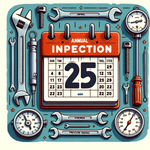 Illustration of a calendar with a marked date surrounded by tools like a wrench, screwdriver and pressure gauge, showing ‘Annual Boiler Inspection