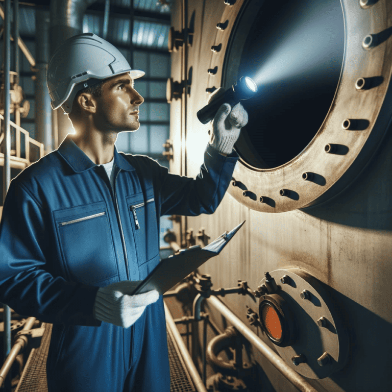 “Photo of a professional engineer wearing a blue jumpsuit and safety helmet using a flashlight to inspect the inside of a large metal boiler.