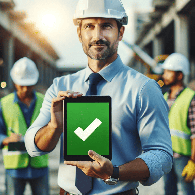 Person in safety gear holding a tablet with a large green check mark at a construction site.