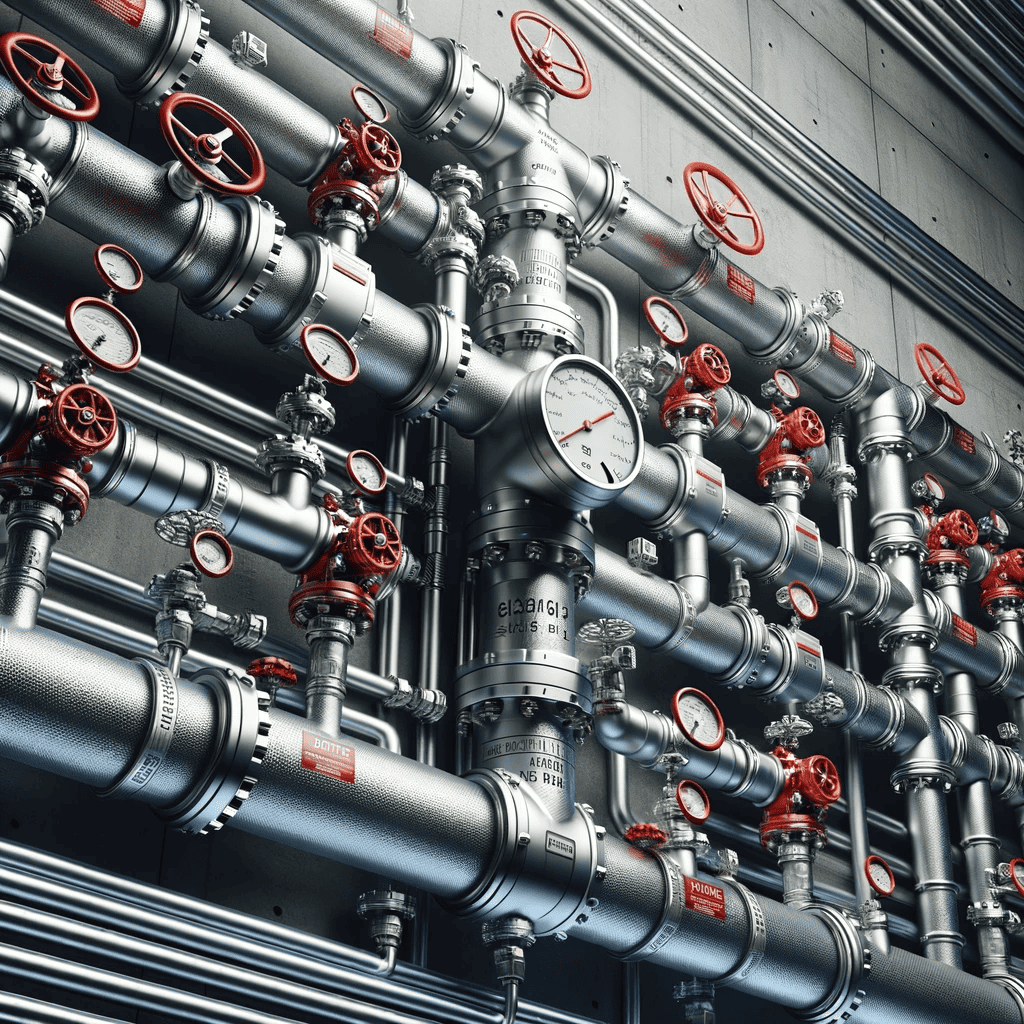Complex network of industrial metal pipes with red valve wheels and pressure gauges.