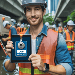Construction worker holding a tablet with a badge labeled 'DOB Resolved
