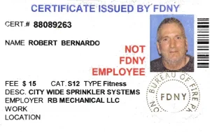 Fdny Certificate Plumbing New York County New York