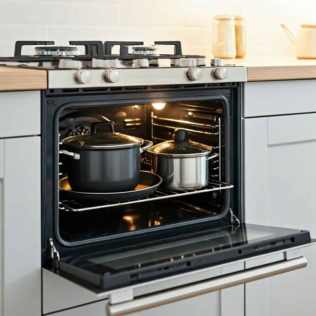 Clean modern kitchen oven with pots, showcasing professional plumbing and heating services.