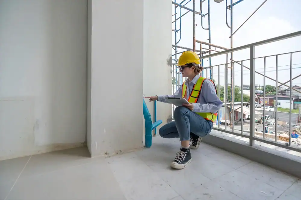 A construction worker wearing a yellow hard hat and safety vest crouches indoors, inspecting blue pipes and taking notes on a tablet, with scaffolding and buildings visible outside through a railing.