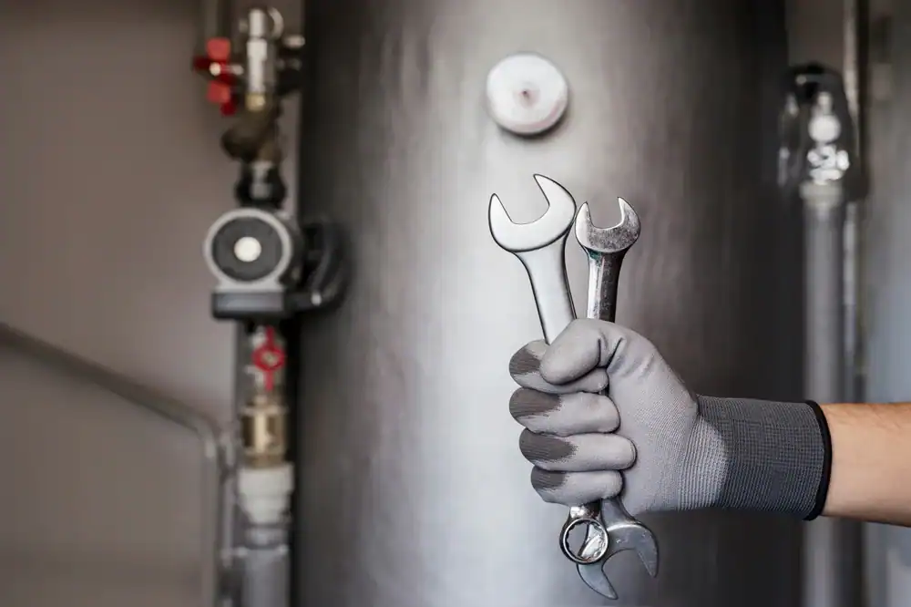 A gloved hand holds three wrenches in front of industrial equipment, possibly a boiler or water heater, with visible pipes, gauges, and metallic surfaces in the background.