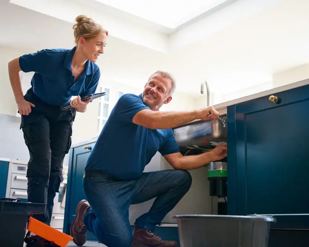 A man kneels and fixes a kitchen sink while smiling and talking to a woman standing beside him, both wearing blue shirts and appearing to work together as plumbers or repair professionals.