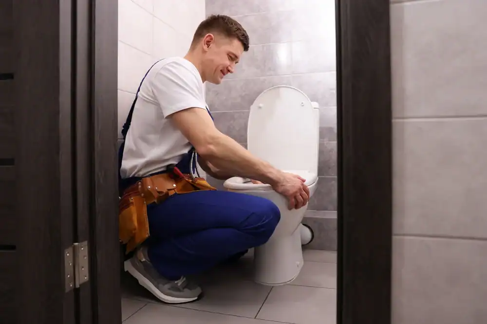 A smiling plumber in blue overalls and a white t-shirt kneels on a bathroom floor, fixing or inspecting a white toilet. He has a tool belt around his waist and is working with both hands on the toilet bowl.
