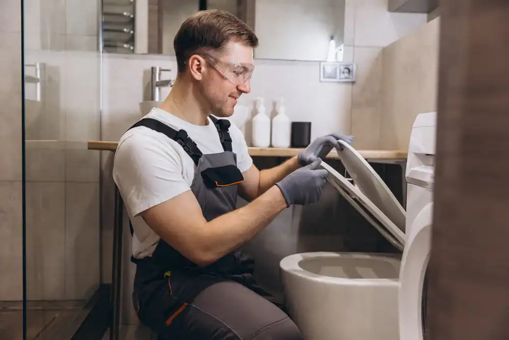 A man wearing safety goggles, gloves, and work overalls installs or repairs a toilet seat in a modern bathroom. He is kneeling and focused on his work. Bottles and a sink are visible in the background.