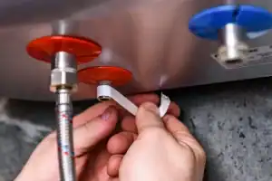 Close-up of hands wrapping white plumber’s tape around the threaded fitting of a red water valve on a metal appliance, with a blue valve and hose also visible.