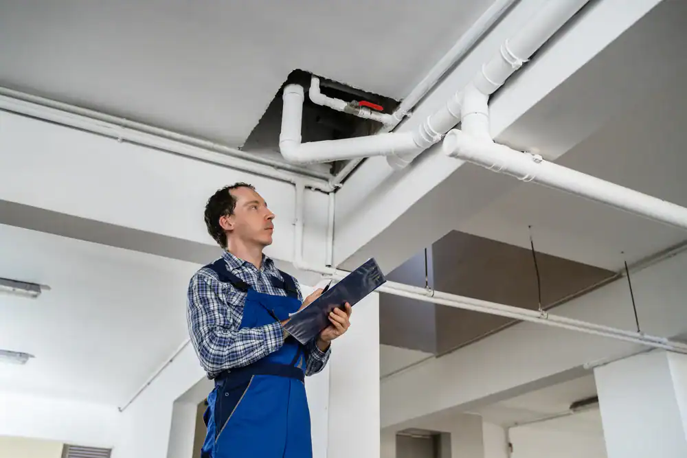 A maintenance worker in blue overalls holds a clipboard while inspecting white pipes on a ceiling in an industrial or commercial building.