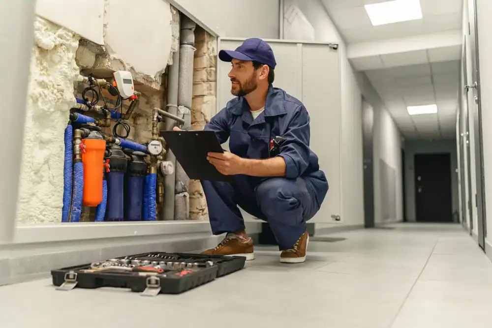 A maintenance worker in blue coveralls and a cap is kneeling in a hallway, inspecting pipes and equipment in an open utility panel, holding a clipboard, with a toolbox on the floor nearby.