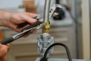 Close-up of a person using two wrenches to tighten a metal gas pipe connection, focusing on the hands and tools, with a blurred background of a kitchen or workshop.