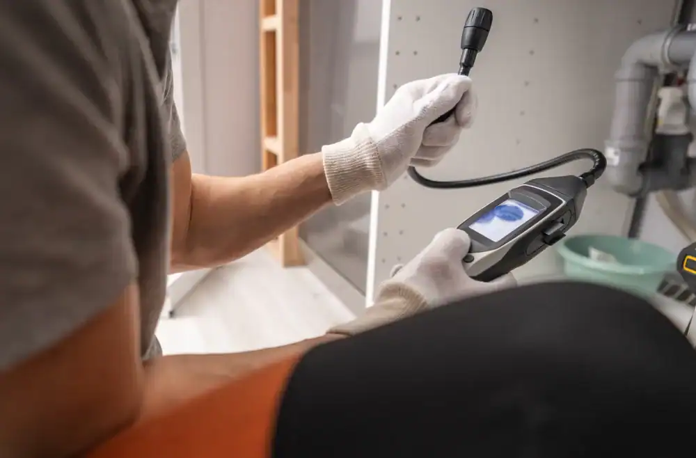 A person wearing white gloves uses a handheld inspection camera to look inside a pipe or appliance, with the camera displaying an internal view on its small screen.