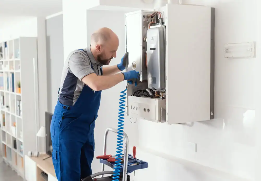 A technician in blue overalls repairs a wall-mounted boiler, using tools and a blue coiled hose in a modern, bright home interior.