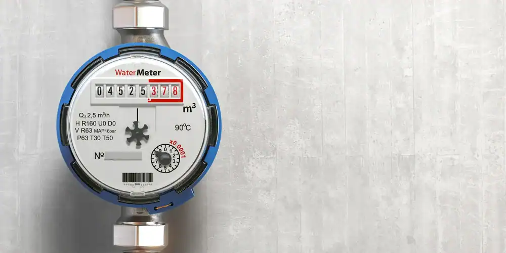 A close-up of a water meter mounted on a gray wall, displaying the reading 4525378 in the counter window, with various measurement markings and numbers visible on the device.
