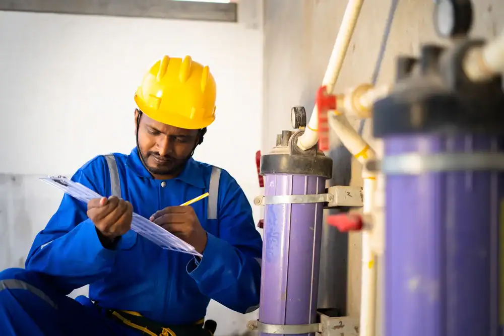 A worker in a yellow hard hat and blue uniform writes on a clipboard while inspecting purple industrial water filter equipment indoors.
